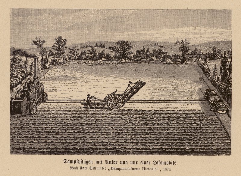 Parní orba s trakčním motorem a kotvou (litografie) od (after) German School