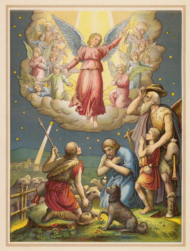 Pastýři přijímají radostnou zvěst (barevná litografie) od (after) German School