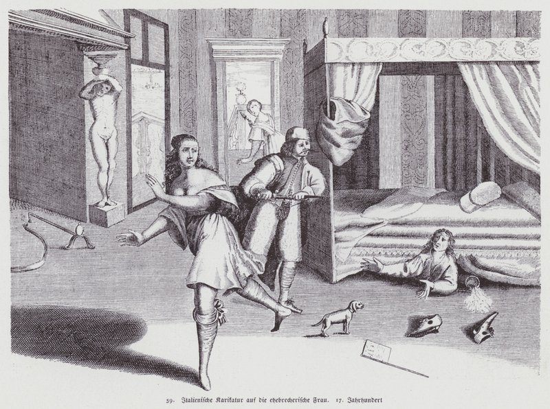 Italská karikatura o cizoložné manželce od (after) Italian School