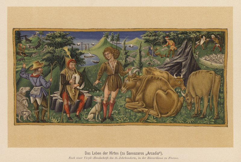 Scéna z básně Jacopa Sannazara Arcadia (barevná litografie) od (after) Italian School