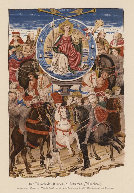 Scéna z Petrarkova díla I Trionfi (barevná litografie) od (after) Italian School