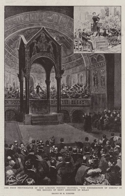 První provedení oratoria Dona Lorenza Perosiho „Vzkříšení Krista“ v bazilice Saint Ambrogio v Miláně (litho) od (after) Italian School