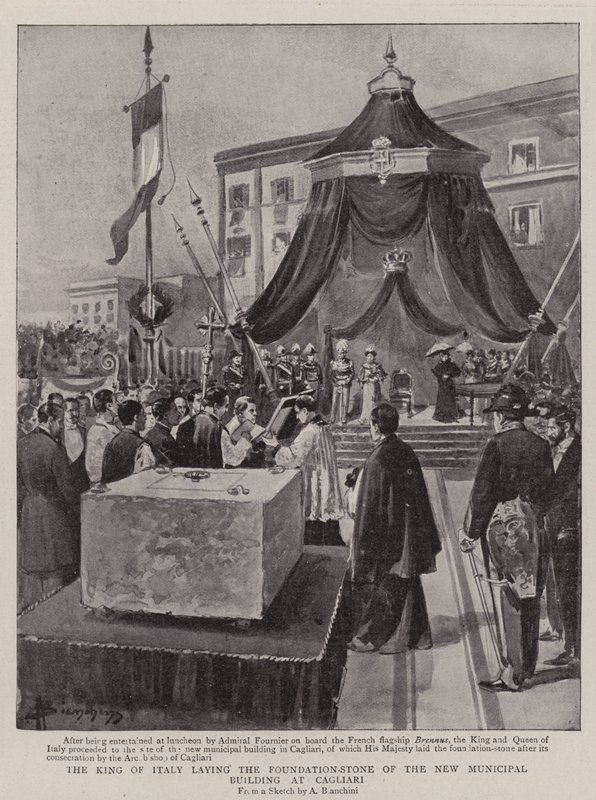 Italský král pokládá základní kámen nové městské budovy v Cagliari (litho) od (after) Italian School