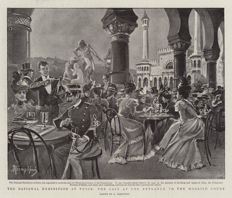 Národní výstava v Turíně, kavárna u vchodu do maurského dvora (litho) od (after) Italian School