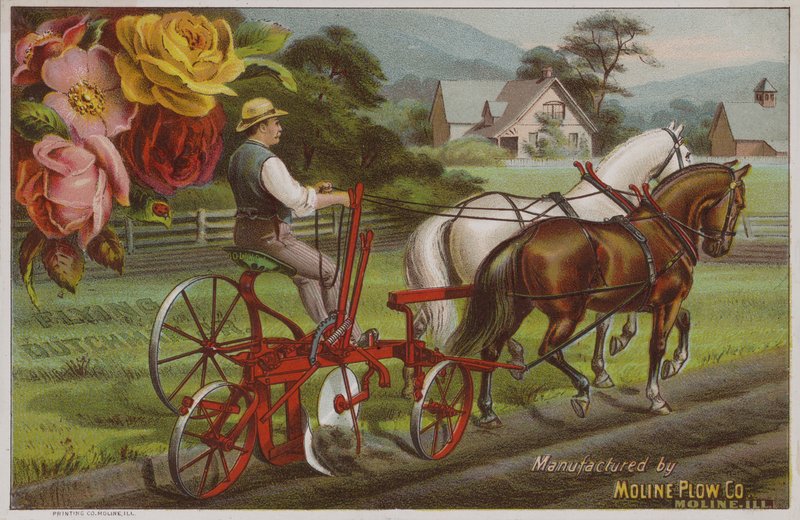 Americká obchodní karta propagující Moline Plow Company, Illinois, 80. léta 19. století od American School