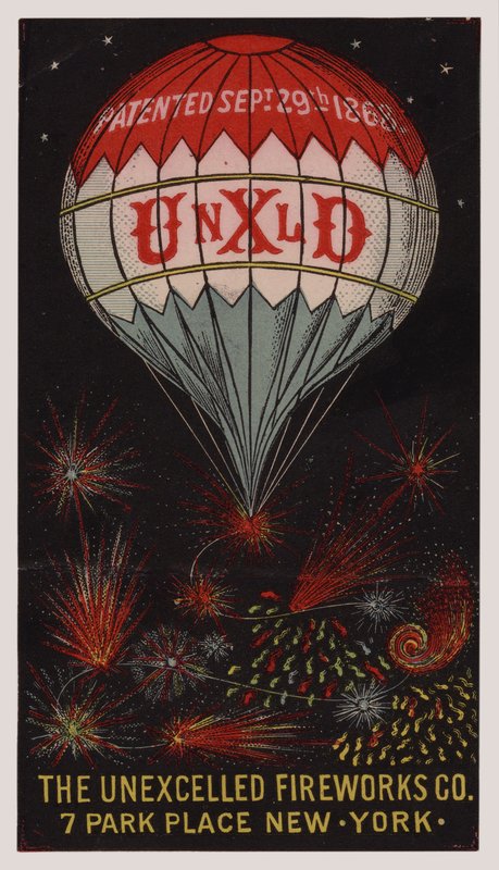 Americká obchodní karta inzerující společnost Unexcelled Firework Company, New York od American School