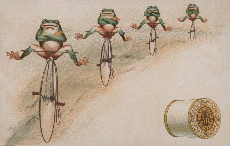 Žáby předvádějící triky na koni penny farthings, reklama na bavlnu J & P Coats od American School