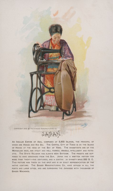 Japonka šicí, reklama na šicí stroje Singer, 1892 od American School