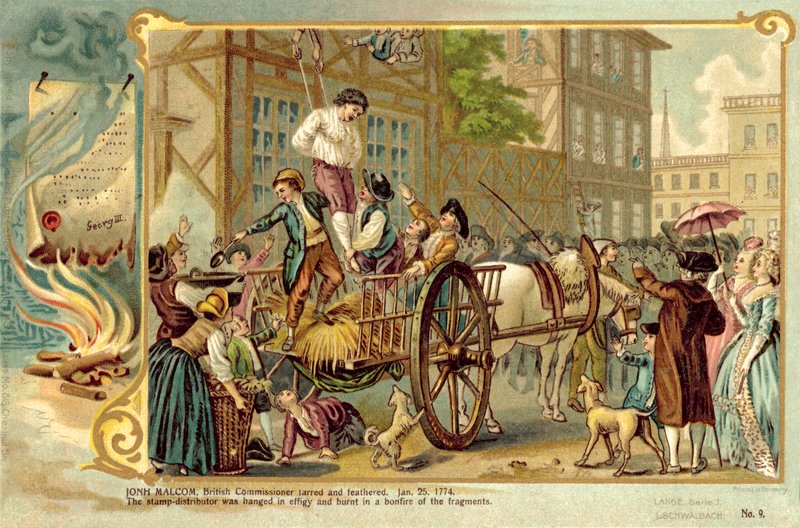 John Malcolm, britský komisař, dehtovaný a opeřený, 25. ledna 1774 od American School