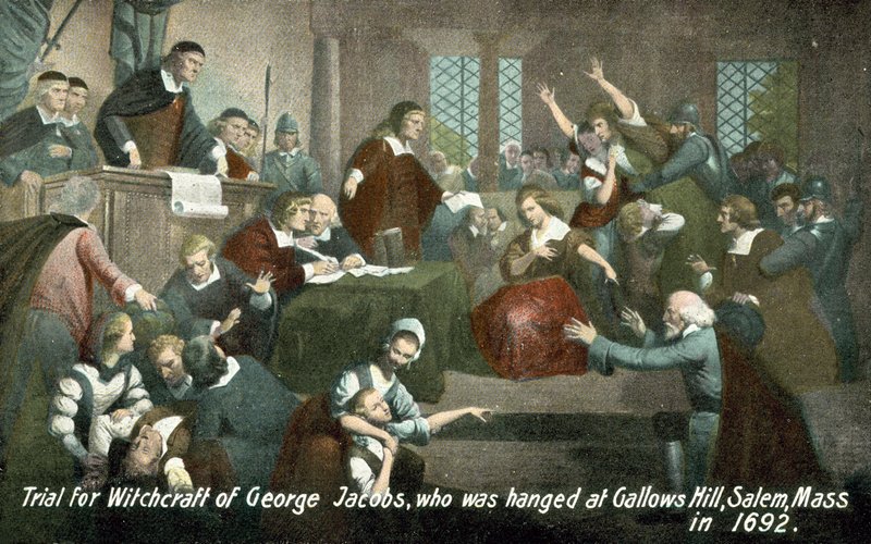 Proces za čarodějnictví George Jacobse, který byl oběšen v Gallows Hill, Salem, Massachusetts, USA, v roce 1692 od American School