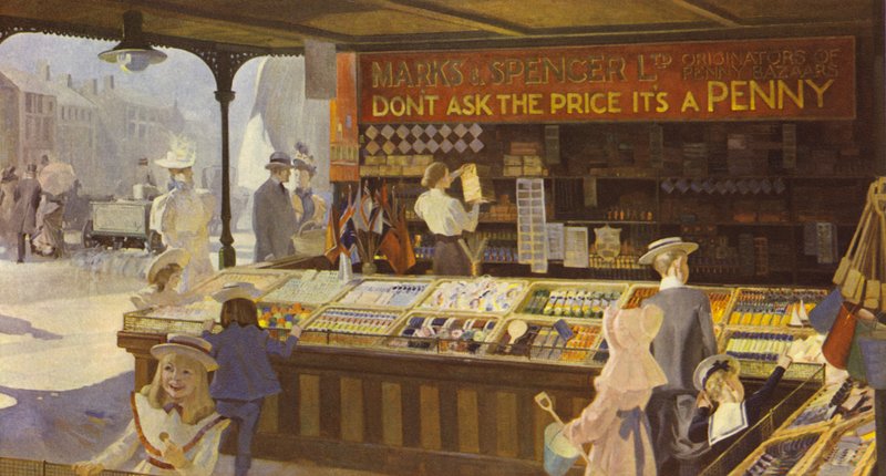 Interiér Penny Bazaar ukazující otevřený displej, 1900 od English School