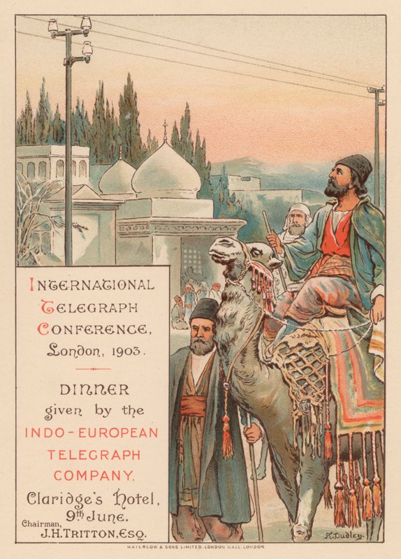 Večeře pořádaná Indoevropskou telegrafní společností v hotelu Claridges, Londýn, během Mezinárodní telegrafní konference, 9. června 1903 od English School