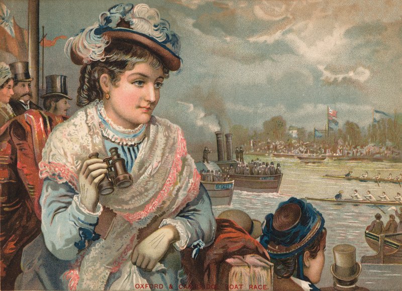 Dáma při sledování závodu lodí v Oxfordu a Cambridge, kolem roku 1890. od English School