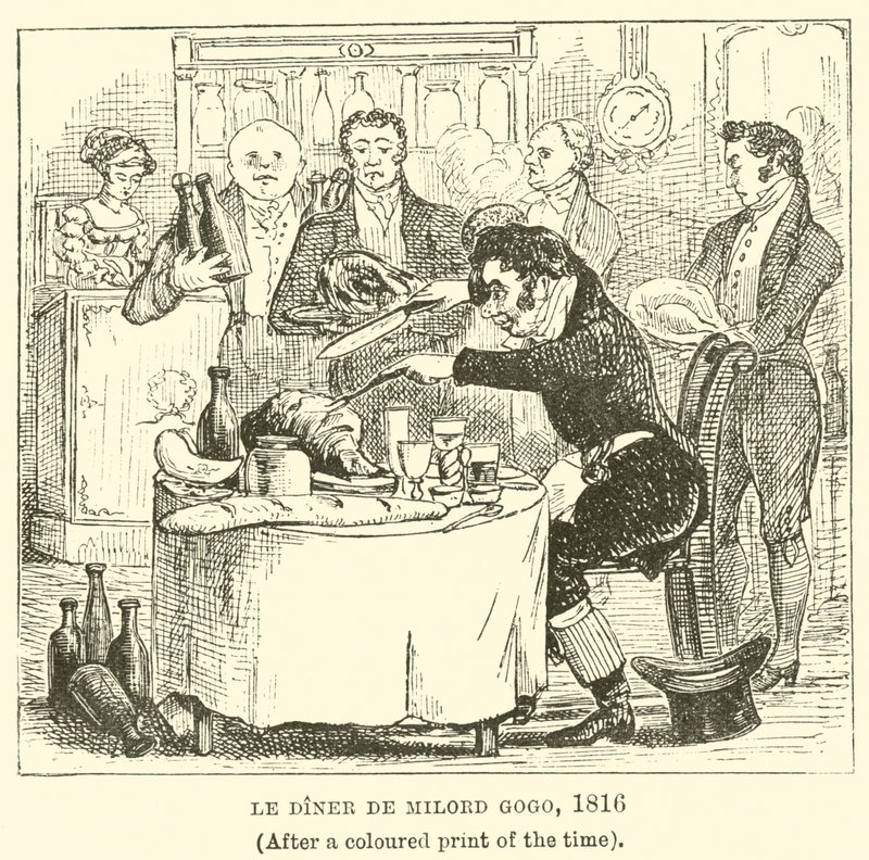 Le Diner de Milord Gogo, 1816, (po barevném tisku doby) od English School
