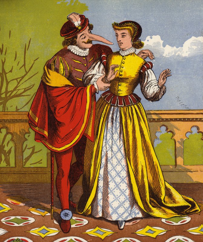 Muž s dlouhým nosem, možná Cyrano De Bergerac od English School