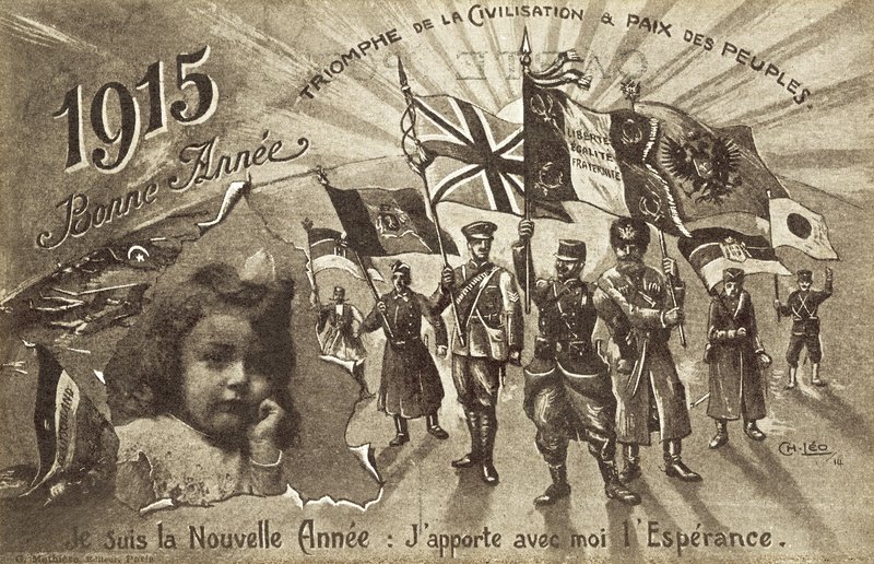 Novoroční karta pro rok 1915, která si přeje triumf civilizace a mír mezi národy od English School