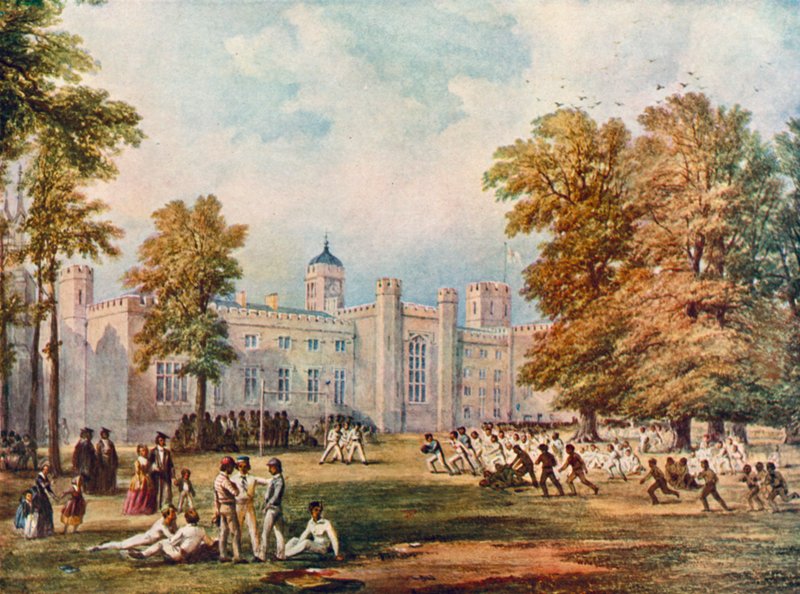 Hraní hry rugby na Rugby School, Warwickshire, 1852 od English School