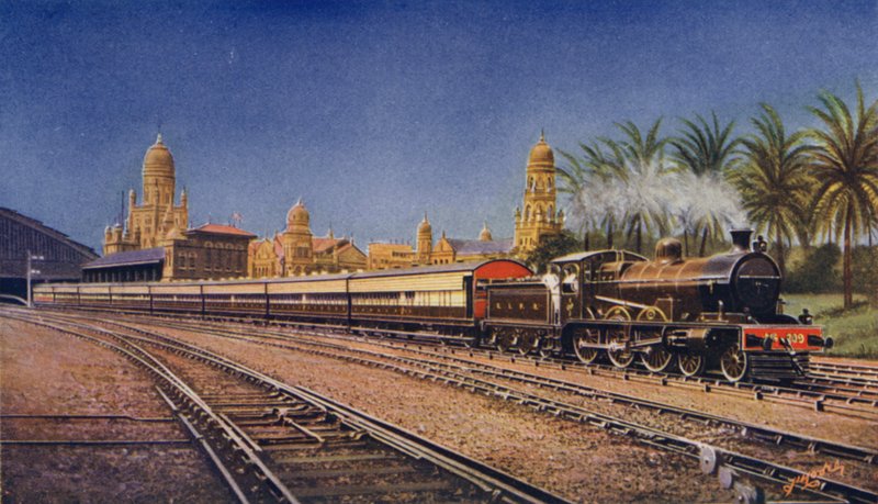 Bombay-Poona Express, opouštějící Victoria Terminus, Bombay, Great Indian Peninsula Railway od English School