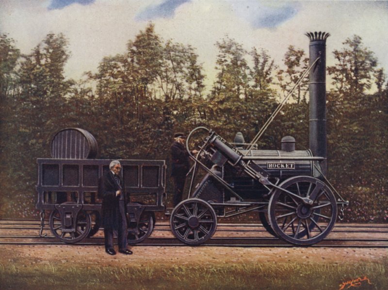 Raketa a její konstruktér George Stephenson, otec britských železnic, London and North Western Railway od English School