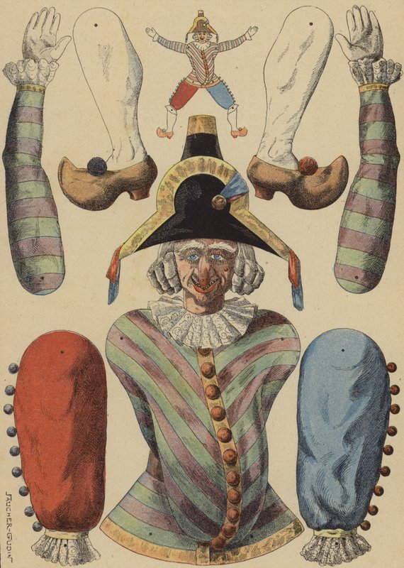 Kousky, které vystřihnete, abyste vytvořili panenku Pulcinella od French School
