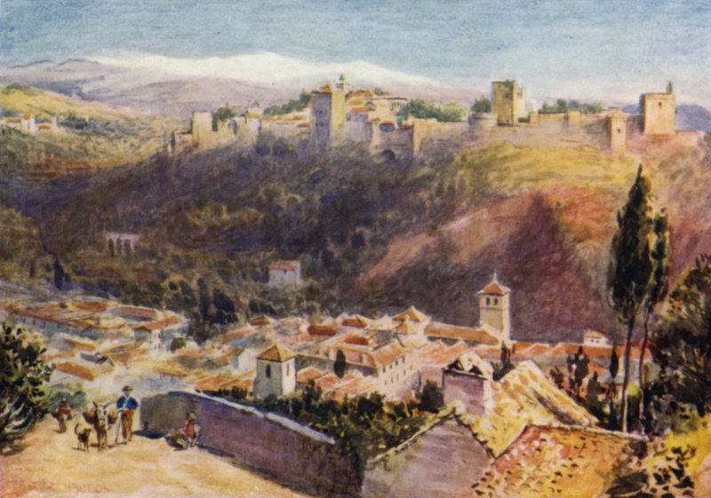 Granada, Celkový pohled na Alhambru (barevné lito) od A. Trevor Haddon