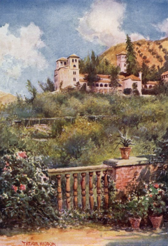 Granada, Pohled na Generalife (barevné lito) od A. Trevor Haddon