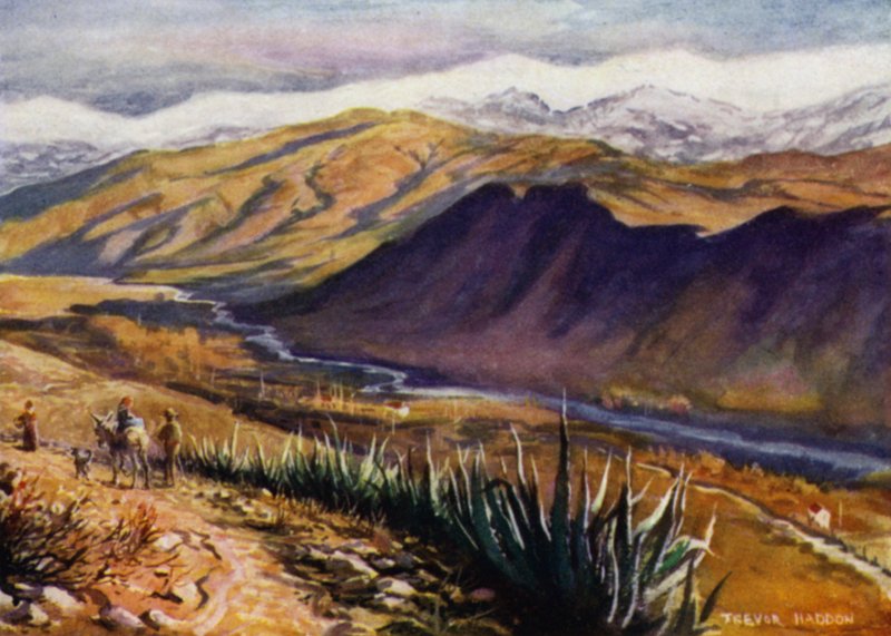Granada, Pohled na Sierra Nevada a řeku Genil (barevné lito) od A. Trevor Haddon