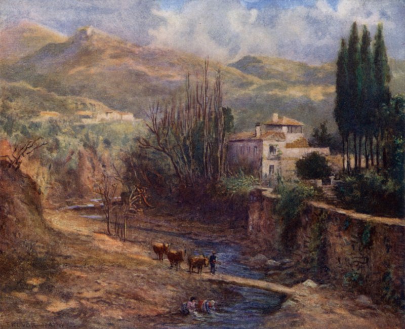 Granada, Villa on the Darro (barevné lito) od A. Trevor Haddon