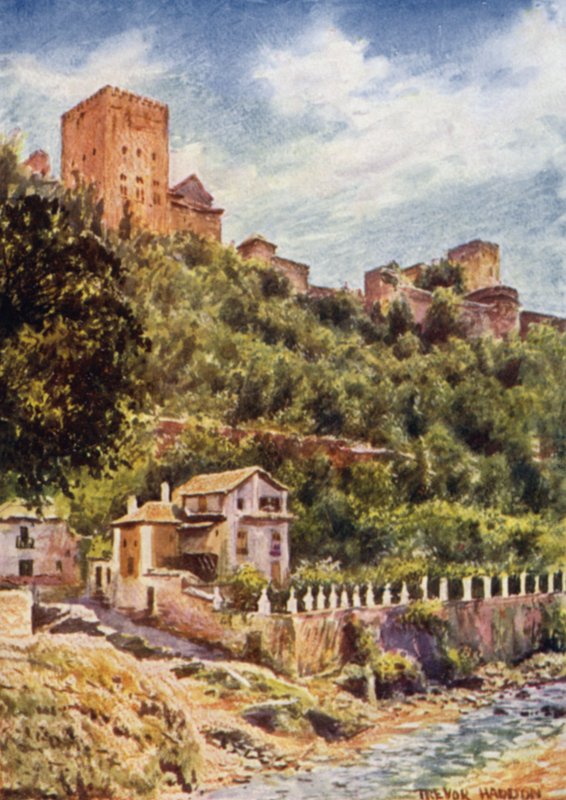 Granada, vily na břehu řeky Darro (barevné lito) od A. Trevor Haddon