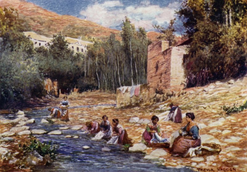 Granada, vily na břehu řeky Darro (barevné lito) od A. Trevor Haddon