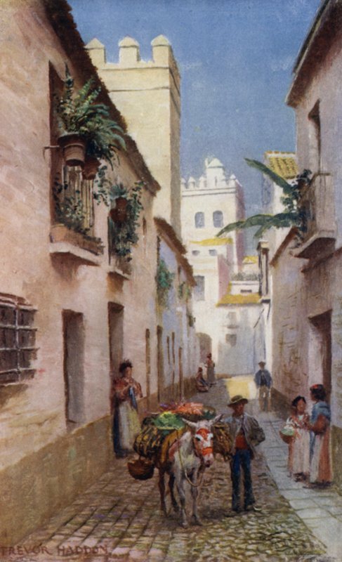 Sevilla, A Street (barevné lito) od A. Trevor Haddon