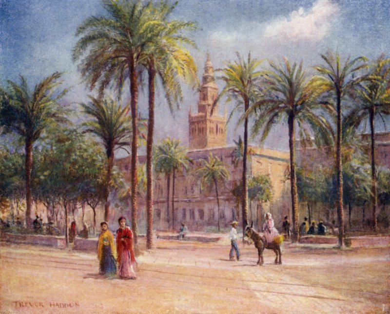 Sevilla, Plaza de San Fernando (barevné lito) od A. Trevor Haddon