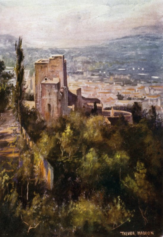 Alhambra, rumělkové věže z hradeb (barevné lito) od A. Trevor Haddon