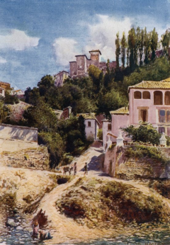 Alhambra, Torre de las Damas z řeky Darro (barva litho) od A. Trevor Haddon