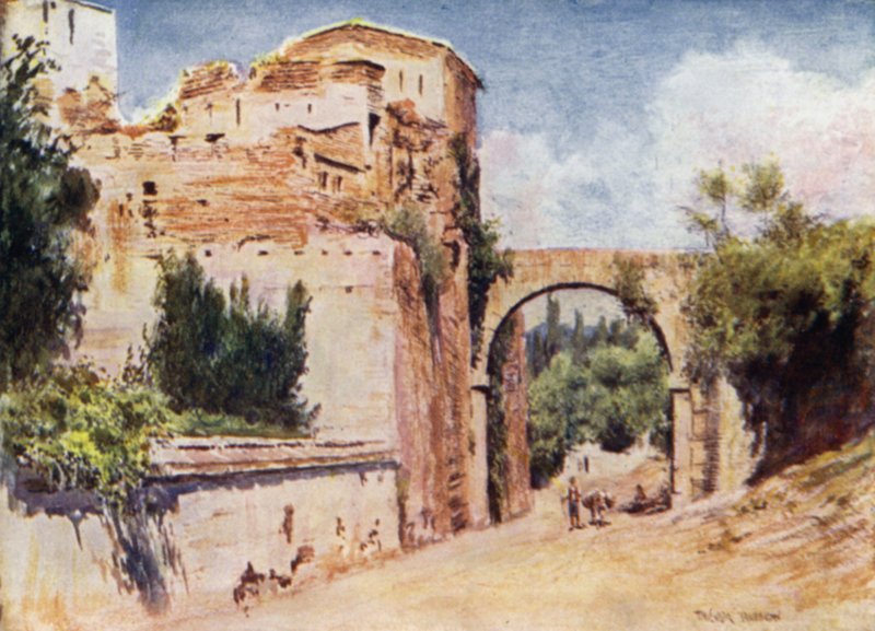 Alhambra, věž a akvadukt (barevné lito) od A. Trevor Haddon