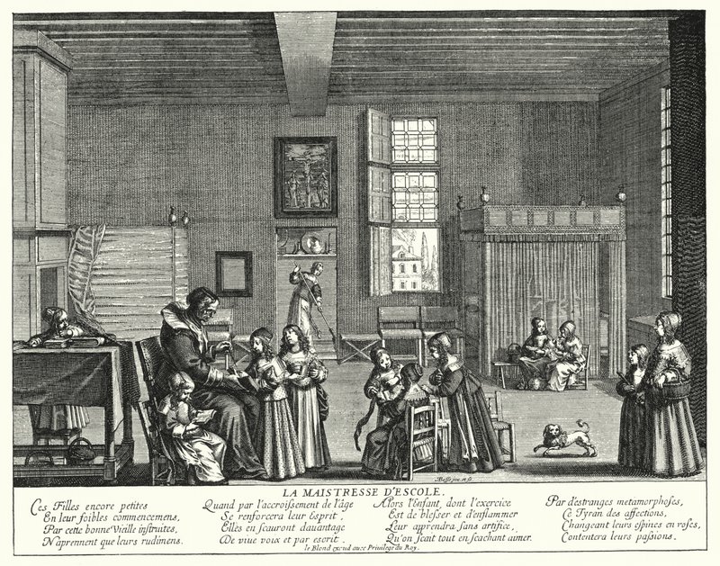 The Schoolmitress (rytina) od Abraham (after) Bosse