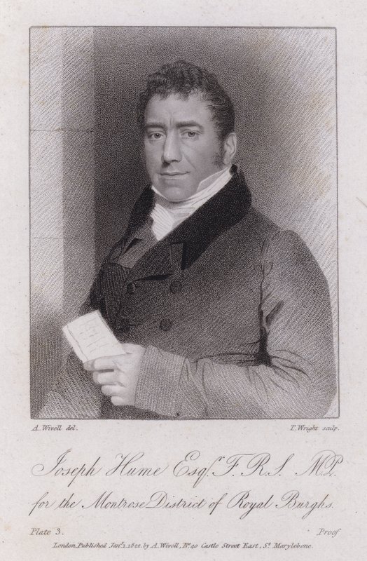 Joseph Hume, skotský lékař, politik a radikální poslanec (rytina) od Abraham (after) Wivell