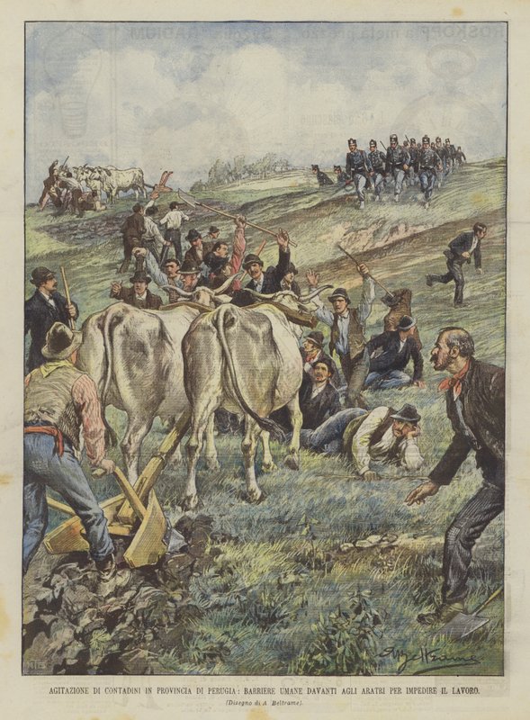 Agitace zemědělců v provincii Perugia, lidské bariéry před pluhy bránící práci od Achille Beltrame