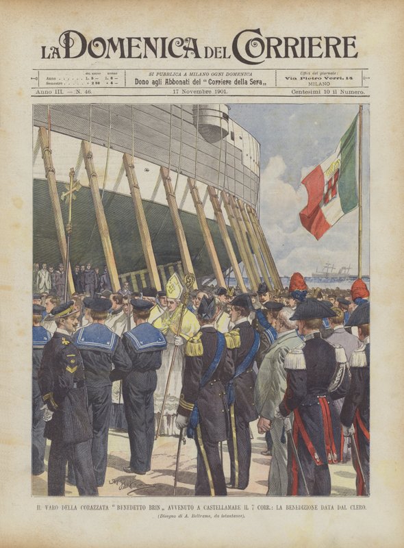 Spuštění bitevní lodi Benedetto Brin na vodu v Castellamare dne 7. kor., požehnání duchovními od Achille Beltrame