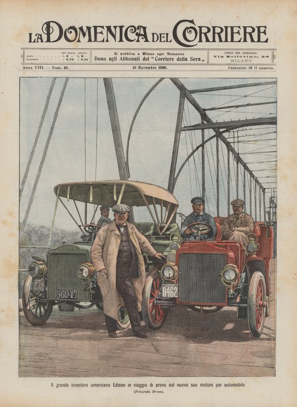 Velký americký vynálezce Edison na zkušební jízdě se svým novým automobilovým motorem od Achille Beltrame