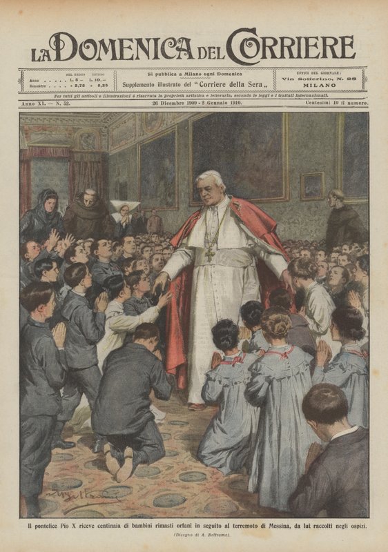 Přijímá papež Pius X. stovky osiřelých dětí po zemětřesení v Messině? od Achille Beltrame