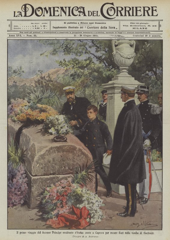 První cesta desetiletého korunního prince Itálie, zastávka v Capreře, aby přinesl květiny na? od Achille Beltrame