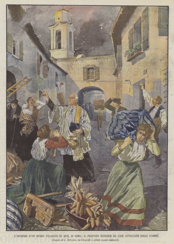 Požár celé vesnice v Como, Probošt žehná domům napadeným plameny od Achille Beltrame