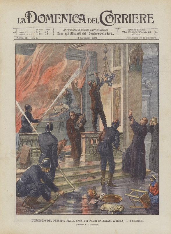 Požár jesliček v domě salesiánských otců v Římě 2. ledna od Achille Beltrame