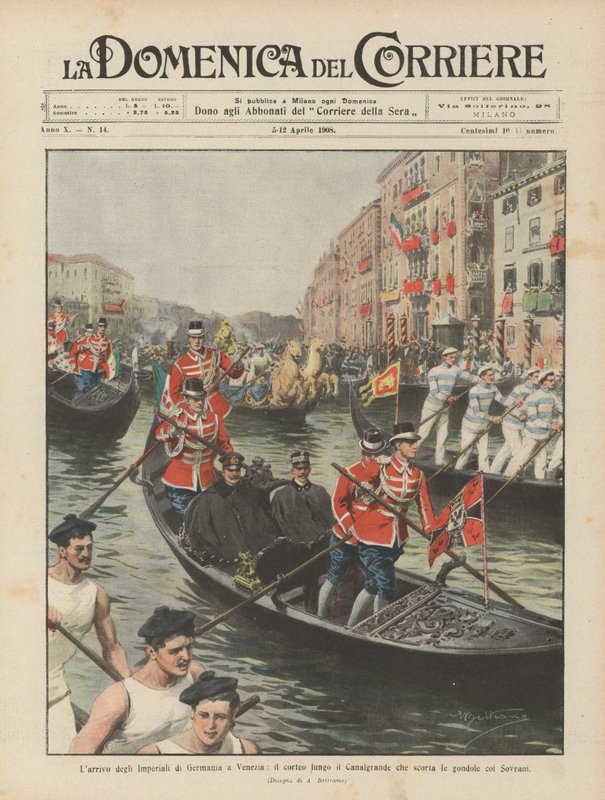 Příjezd německých císařů do Benátek, průvod podél Canal Grande, který doprovází gondoly s panovníky od Achille Beltrame