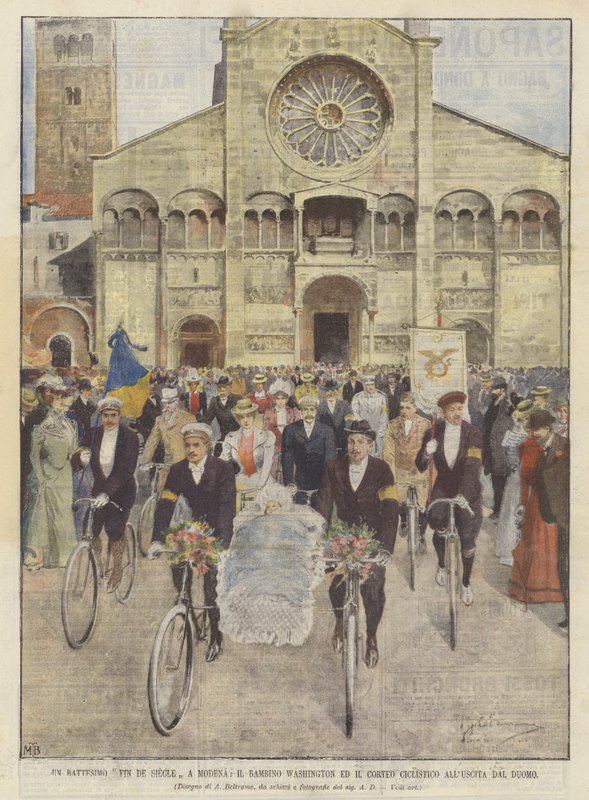 Fin de Siecle křest v Modeně, dítě Washington a cyklistický průvod před katedrálou od Achille Beltrame