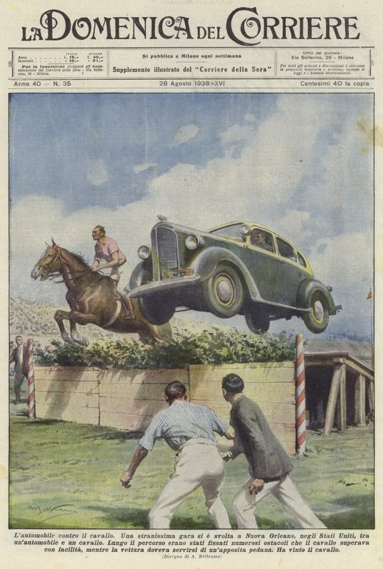 Auto a kůň skočí přes překážku na dostihovém závodišti v New Orleans od Achille Beltrame