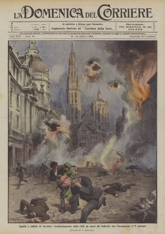Agónie a pád Antverp, bombardování města Němci, kteří ho obsadili 9. října. od Achille Beltrame