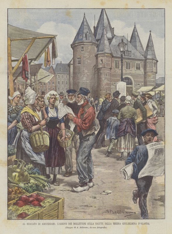 Na amsterdamském trhu dorazí do Holandska zdravotní bulletiny královny Wilhelminie od Achille Beltrame