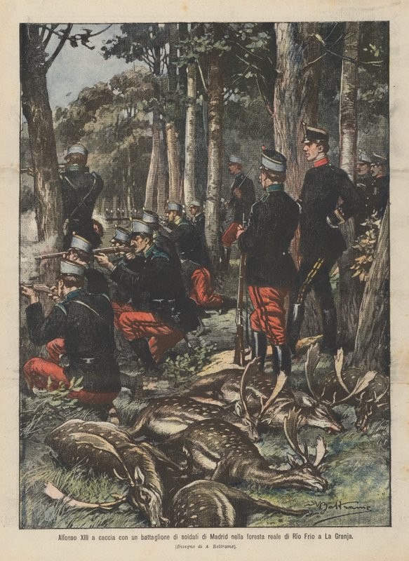Alfonso XIII lov s praporem madridských vojáků v královském lese Rio Frio v La Granja od Achille Beltrame